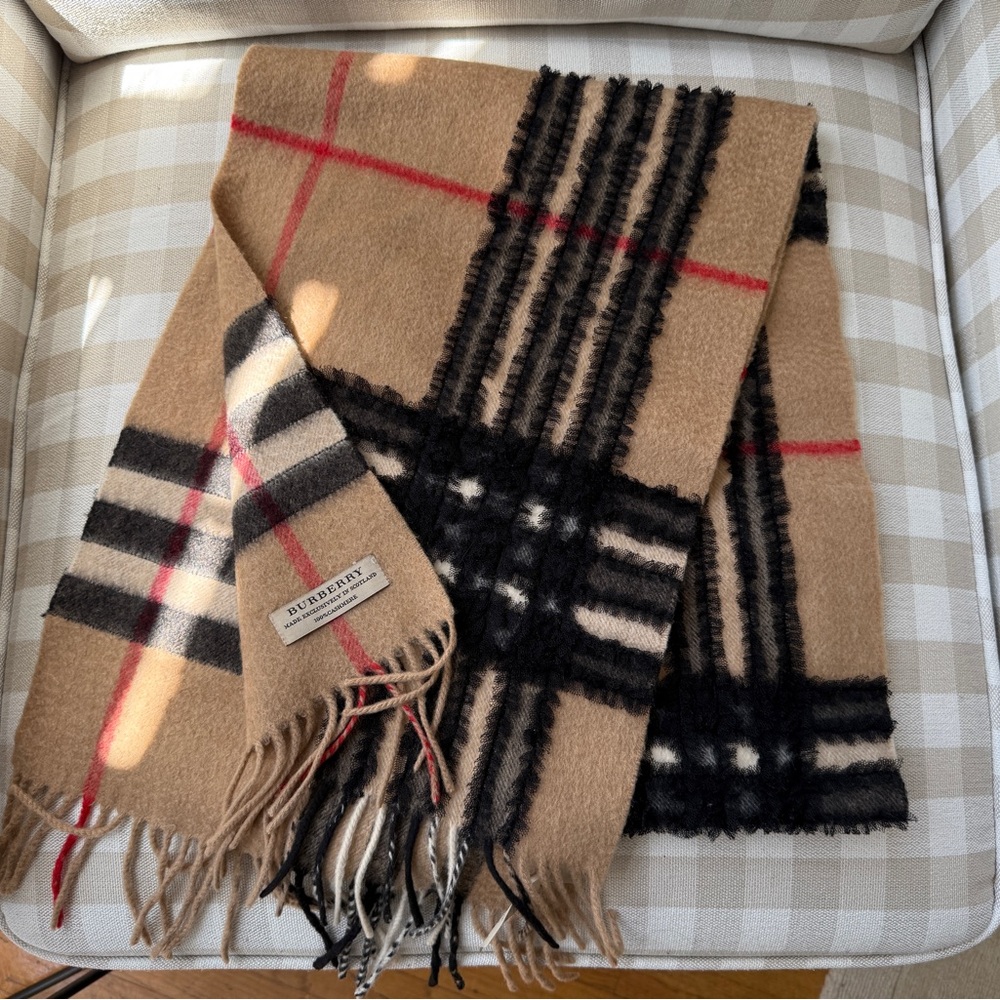 Vintage Burberry Plaid Cashmere Scarf with Unique Trim